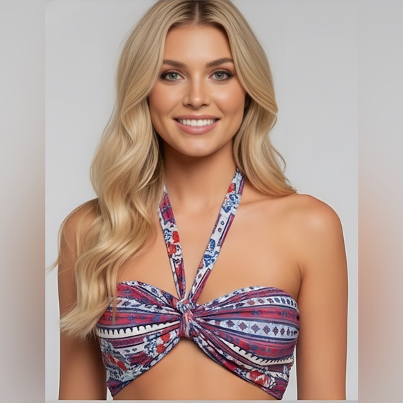 Boho Floral Print Ruched Bust Tie Backless Top & Split Thigh Belted Pant - Picture 2 of 10